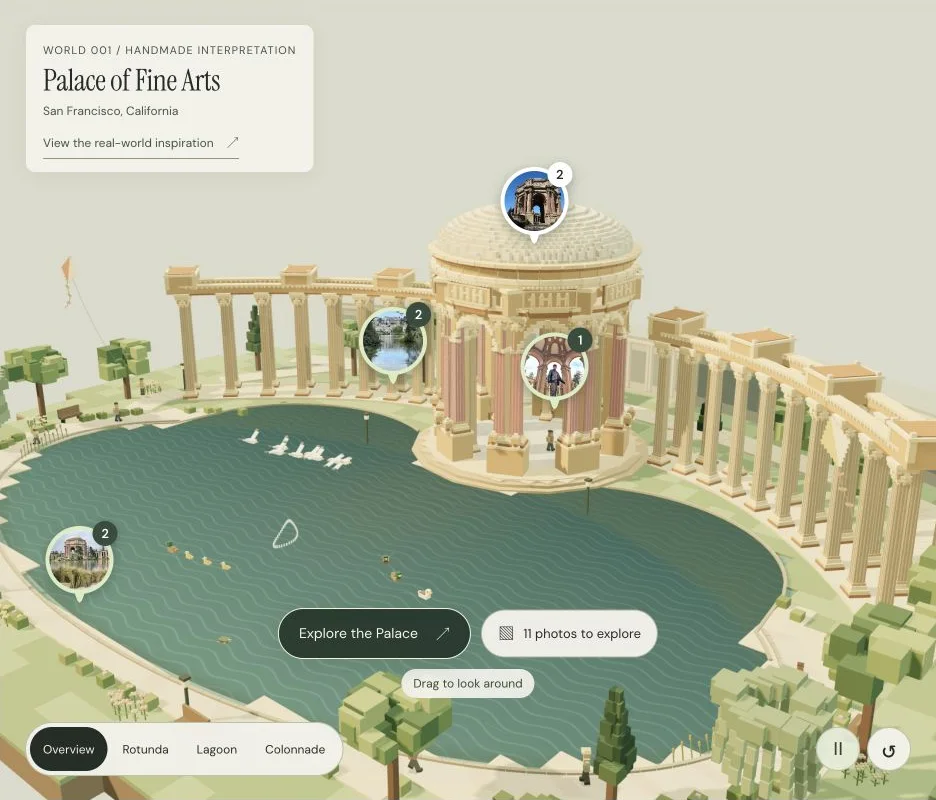 Browser capture of the authored Palace world with its dome, lagoon, and photo pins